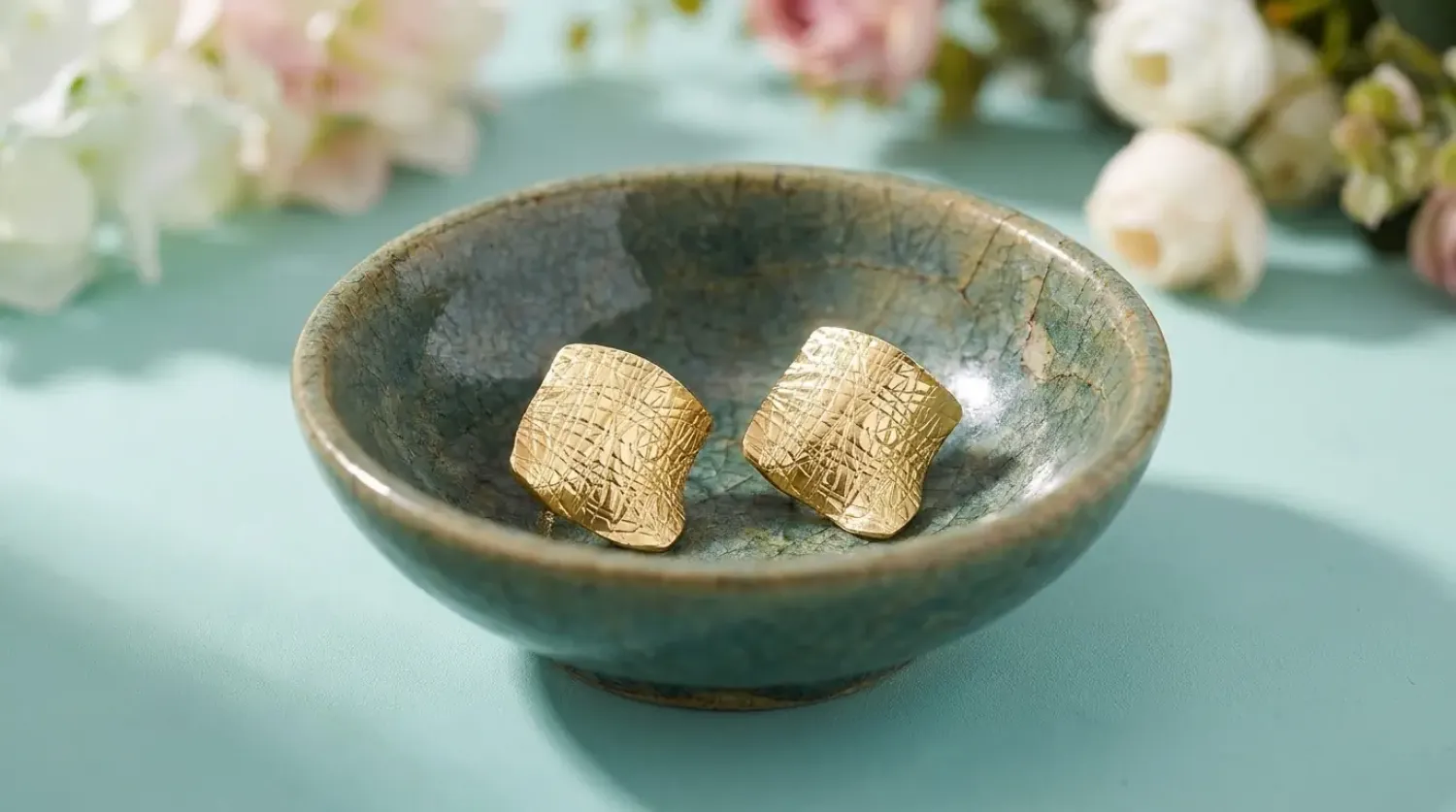 Preview: Elegante Blockohrstecker in Rautenform – Edelstahl vergoldet mit 18K Gold